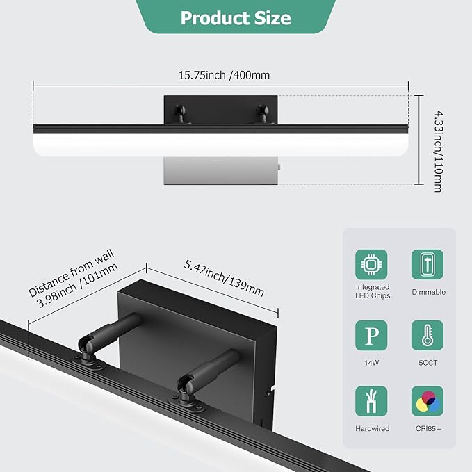 15.7" Black LED Bathroom Vanity Light 5CCT–Dimmable Wall Mount Fixture with Adjustable Angle, Modern Lighting for Powder Room, Vanity Mirror Home & Apartment Use - Bloomnest
