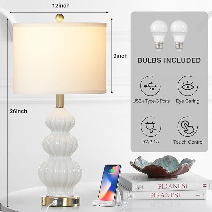 Modern White Table Lamps Set of 2 - Bedside Lamps for Night Stands, 26" Triple Gourd Ceramic Lamps for Living Room with USB A+C Ports & AC Outlet,3 Way Touch Lamps for Bedroom (LED Bulbs Included) - Bloomnest