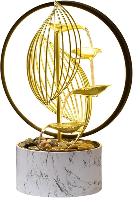 Golden Indoor Fountain Desktop Waterfall, Fountain Meditation Fountain with LED Lights. Natural River Stone Home Office Decoration Mom Gift - Bloomnest