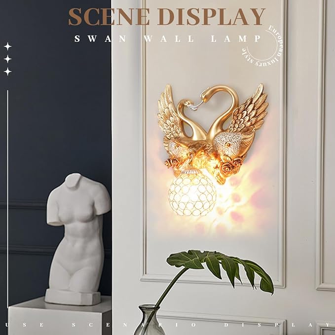 Vintage Swan Wall Sconce with Crystal Beaded Lampshade, Luxury Indoor Resin Animal Wall Sconce Light Creative Heart Shaped Wall Mount Light Fixtures for Bedroom Living Room Hallway Deco (Gold) - Bloomnest