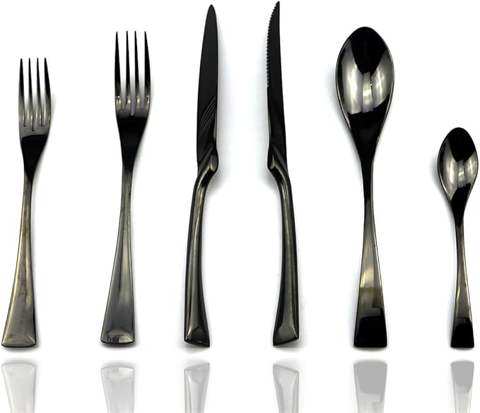 JASHII 18/10 Stainless Steel 24 Piece Mirror Polished Black Flatware Set,Dinner Knife Steak Knife Salad Fork Dessert Coffee Spoon，Service for 4 ，Black Utensil Sets - Bloomnest