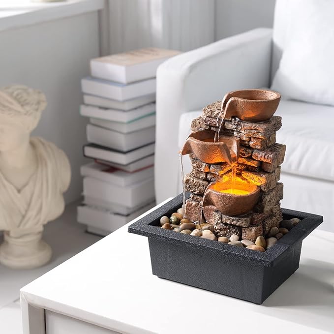 Indoor Tabletop Fountain 3-Tier Rockery Relaxation, Soothing Sound Home/Office/Bed Room Decor,Gifts for Mom/Grandma Relaxing Waterfall Meditation Tabletop Fountain LED Lights - Bloomnest