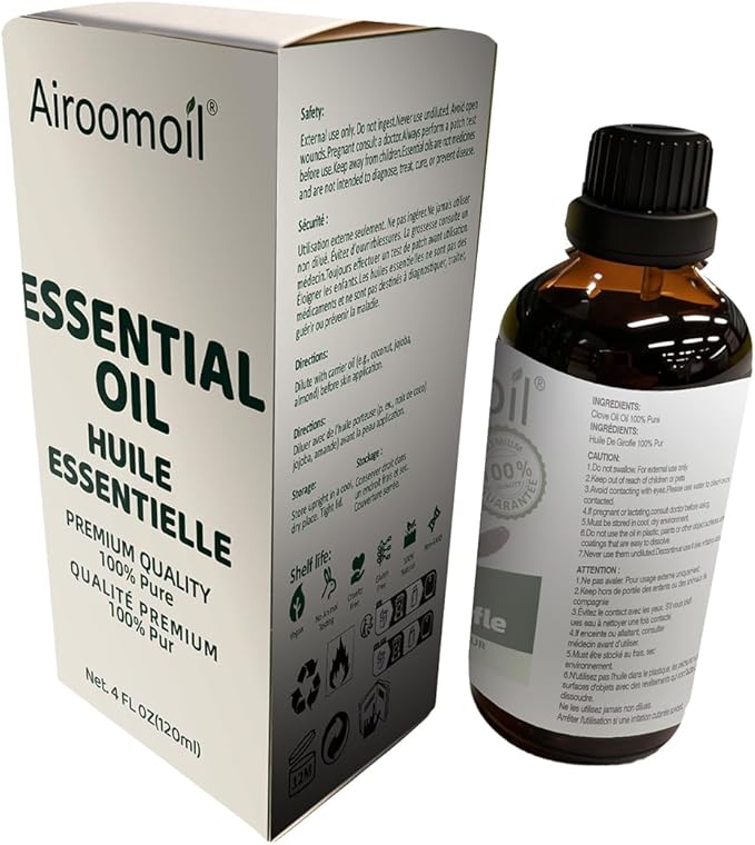 Pure Clove Essential Oil, 100% Natural 4 Fl Oz (120 ml) for Diffusers, Home Fragrance, DIY Candles, Soap, Sprays, Perfect Holiday Gift and Seasonal Aromatherapy Airoomoil