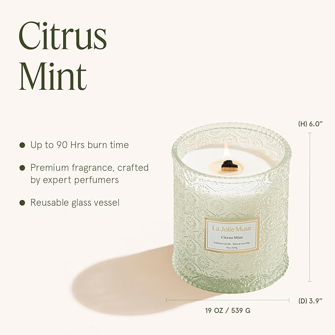 LA JOLIE MUSE Citrus Mint Candle - Bergamot, Yuzu, Mint | 19 oz Large Wooden Wick Candle | Natural Soy Wax | 90 Hours Clean Burn | Fresh Citrus Candles | Modern Home Decor - Bloomnest
