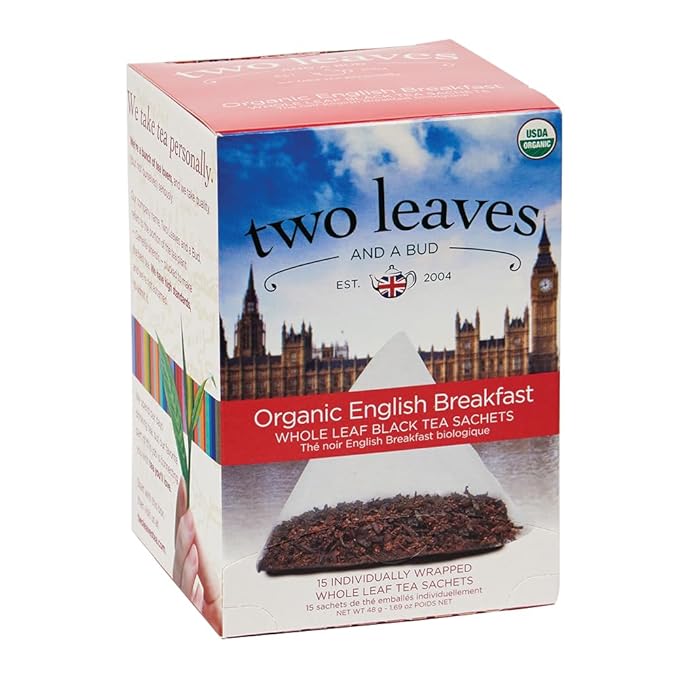 Two Leaves and a Bud Organic English Breakfast Tea Bags, Caffeinated Whole Leaf Black Tea in Compostable Sachets, 15 Count (Pack of 1) - Bloomnest