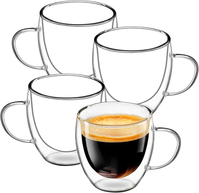 Glass Coffee Cups Set of 4, 8.5oz Double Walled Glass Mugs with Handles, Clear Insulated Coffee Mug Espresso Cups, Cappuccino Latte Tea Cups Set, Heat Resistant Borosilicate Clear Glasses - Bloomnest