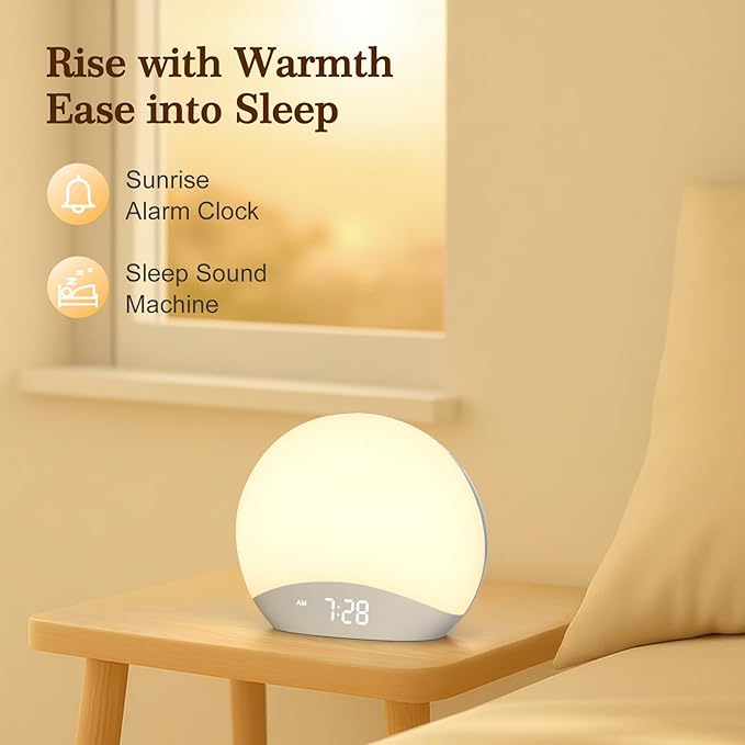 REACHER Sound Machine Sunrise Alarm Clock with Night Light, 26 Nature Inspired Sleep Sounds, 0-100% Dimmable Clock, Sunrise Lamp, Wake Up Light, Brown/Pink/White Noise Machine for Babys, Adults, Kids - Bloomnest