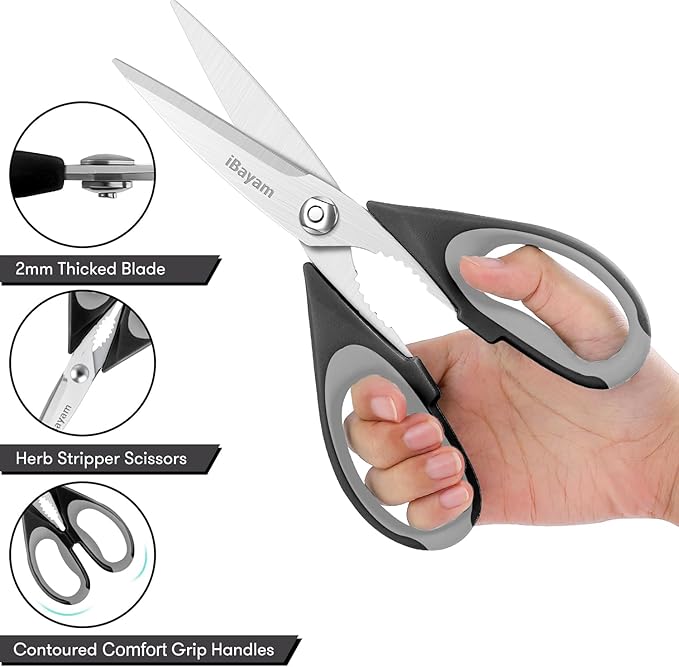 Kitchen Gadgets Utensils Set for Home, iBayam 8.5" Kitchen Scissors with Sheath, Black Cooking Scissors, All Purpose Shears - Bloomnest