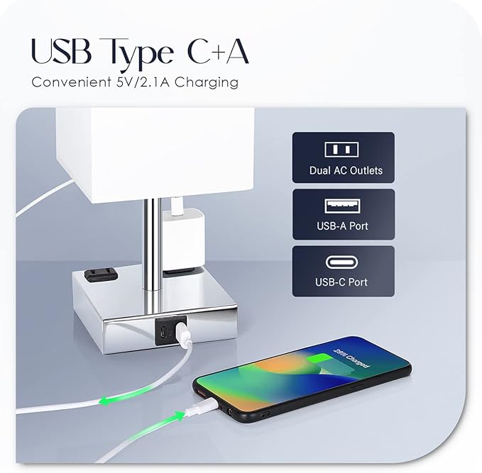 Bedside Lamp with USB Ports - Touch Control Table Lamp for Bedroom with USB C+A Charging Ports & AC Outlets, 3 Way Dimmable Nightstand Light for Living Room (LED Bulb Included, Chrome - White) - Bloomnest