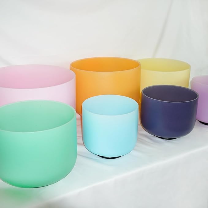 7-12 inch 432HZ Candy Color Crystal Singing Bowls Chakra Set of 7 Meditation Bowl Frosted Healing Quartz Sound Singing Bowls with 2 Travel Carry Case Bag 2 Mallet Suede 2 Strikers 7 O-rings - Bloomnest