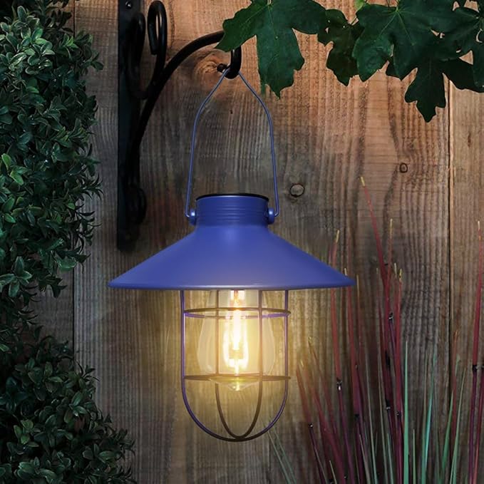 pearlstar Solar Lantern Outdoor Hanging Light Metal Farmhouse Solar Lamp with Warm White Edison Bulb Design for Garden Yard Patio Proch Decor(Blue) - Bloomnest