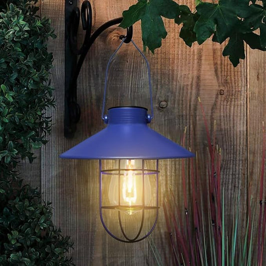 pearlstar Solar Lantern Outdoor Hanging Light Metal Farmhouse Solar Lamp with Warm White Edison Bulb Design for Garden Yard Patio Proch Decor(Blue) - Bloomnest