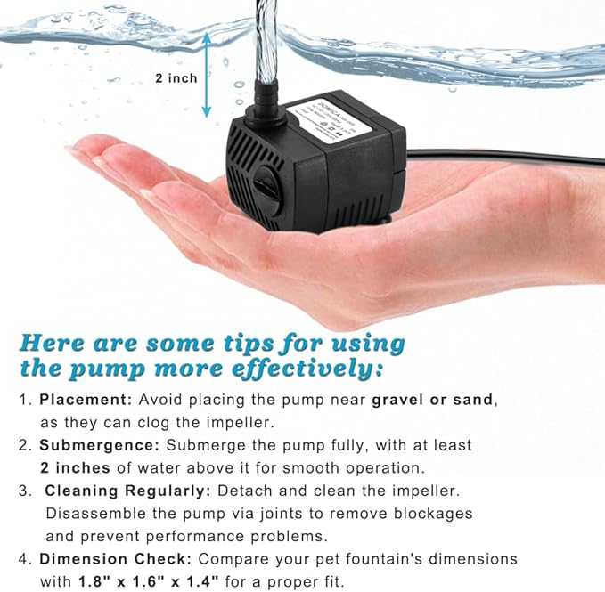 90 GPH Mini Submersible Pump, Small Fountain Pump (5W 350L/H) for water feature, Aquariums, Fish Tank, Tabletop Fountain, Pet Fountain, Indoor or Outdoor Pond Fountain - Bloomnest