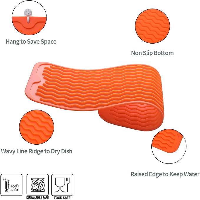 Silicone Dish Drying Mat for Multiple Usage,Easy clean,Eco-friendly,Heat-resistant Silicone Mat for Kitchen Counter,Sink,Bar,Bottle,or Cup Orange M 17 inches x 6 inches - Bloomnest
