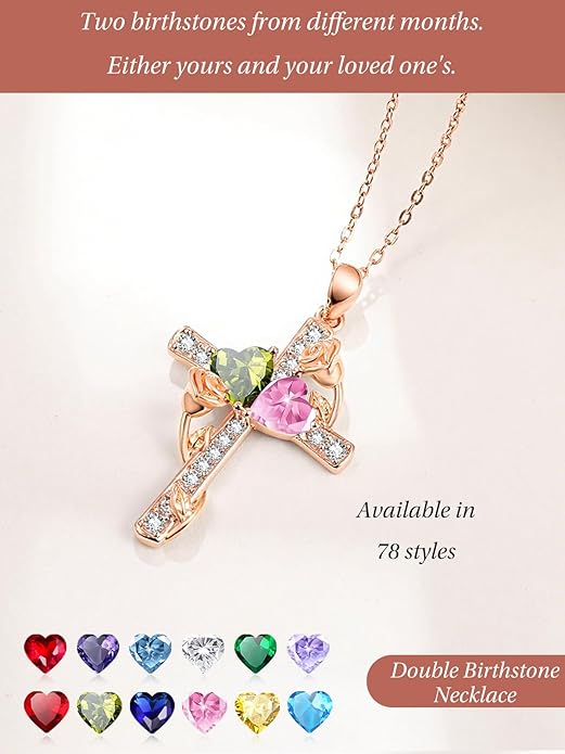 Rose Gold Dual Birthstones Cross Necklace for Women Rose Flower Jewelry Anniversary Christmas Mother's Valentine's Day Birthday Gift for Wife Girlfriend Mom - Bloomnest