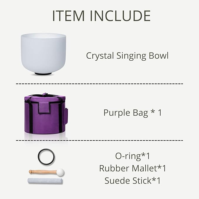 White 8 inch B Note Crown Chakra Quartz Crystal Singing Bowl, for Healing Mindfulness Meditation Yoga Sound Baths, with Case Rubber Mallet - Bloomnest