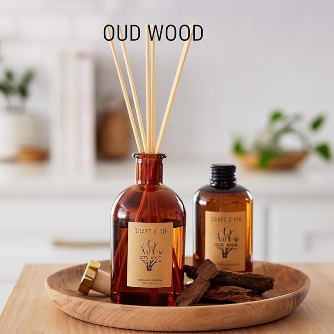 Craft & Kin Oud Wood Diffuser Reed Diffuser | All Natural Essential Oil & 8 Rattan Scent Sticks | Reed Diffusers for Home, Bathroom | Long Lasting Home Fragrance in Amber Glass, 5.75oz CraftKin