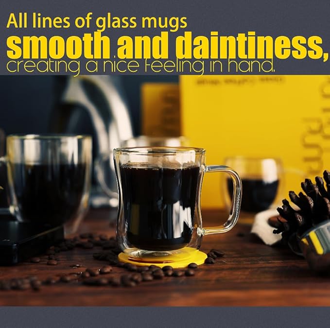 PunPun Coffee 12oz.350ml Glass Mugs Espresso Cups Coffee Glass Cups Champagne Glass Clear Drinking Cups, Tea Cups Wine Glass, Microwave Safe Borosilicate Glass Cup (12 OZ./Set of 2) - Bloomnest