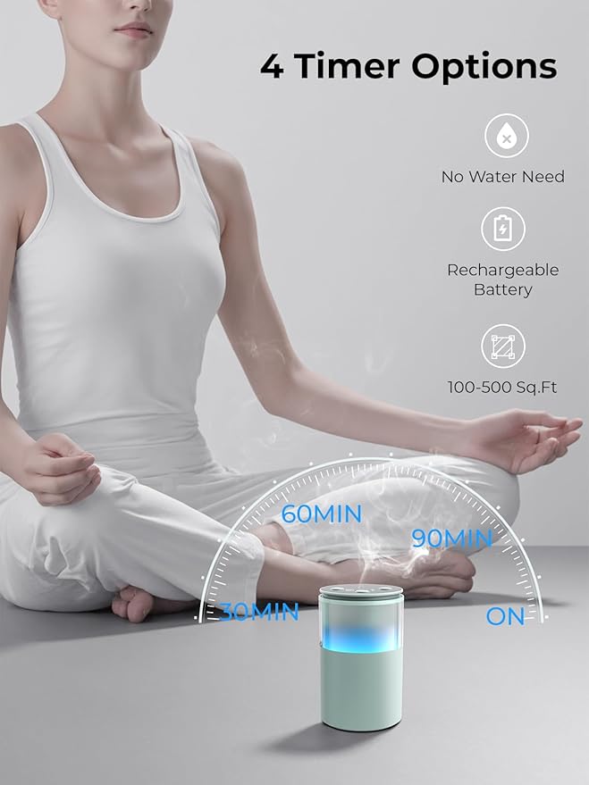 Waterless Diffuser for Essential Oil: Mini Battery Scent Diffuser for Room&Home&Car with 9 Colors LED Light - Aroma Cool Mist Machine Light Cyan - Bloomnest