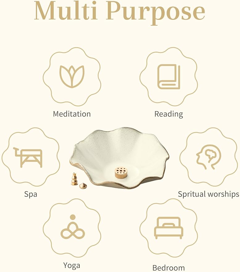 4 in 1 Incense Holder Incense Burner with 3 Incense Sockets, 6 Inch Incense Holder for Sticks, Lotus Cone Incense Bowl, Incense Stick Holder for Meditation Yoga Home, White