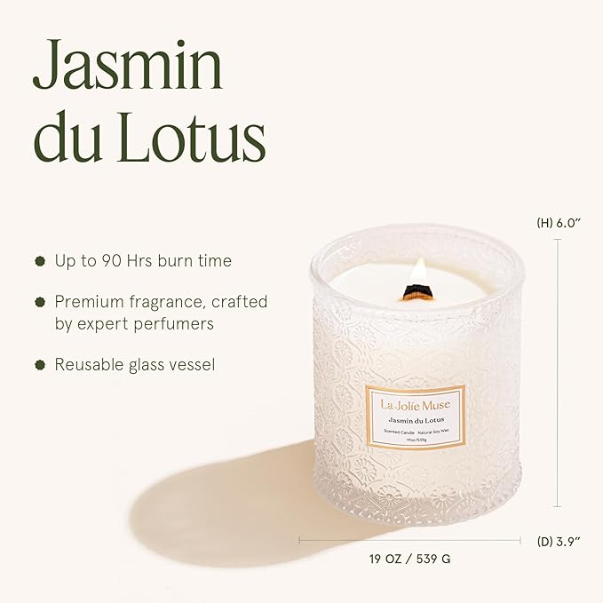LA JOLIE MUSE Jasmin du Lotus Candle - Ivy, Jasmine, Cedarwood | 19 oz Large Wooden Wick Candle | Natural Soy Wax | 90 Hours Clean Burn | Gift-Ready for Hosts & Gatherings | Modern Home Decor - Bloomnest