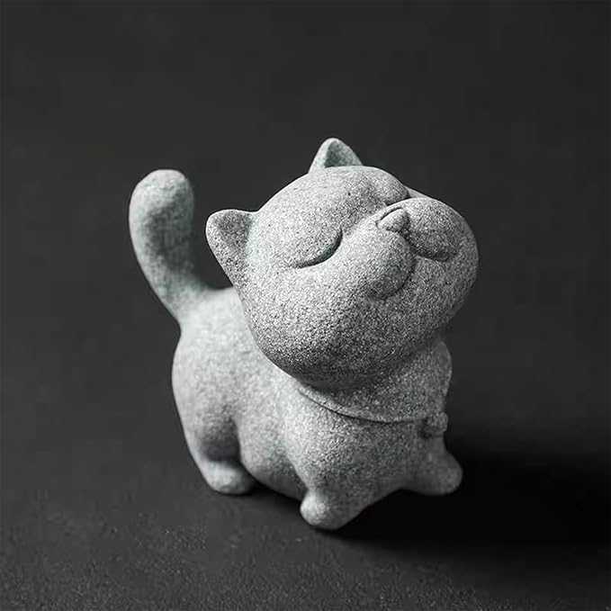 Exquisite Sandstone Warrior Cat Incense Holder (2.16”*2.36”) with Free Fishing Rod and Fish, Plus Bamboo Mat Cushion (7.28”*3.34”) (Sassy Cat) - Bloomnest