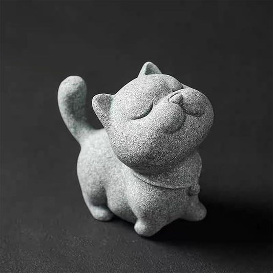 Exquisite Sandstone Warrior Cat Incense Holder (2.16”*2.36”) with Free Fishing Rod and Fish, Plus Bamboo Mat Cushion (7.28”*3.34”) (Sassy Cat) - Bloomnest