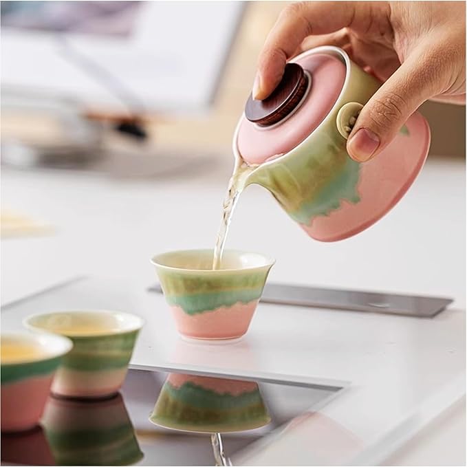 Hermit Life Chinese Travel Tea Set, Portable Ceramic Teapot for One to Two, Gongfu Tea Set with Color Gradient Design, 1 Pot 2 Cups, Gift for Tea Lovers (Pink&Pistachio Green) - Bloomnest