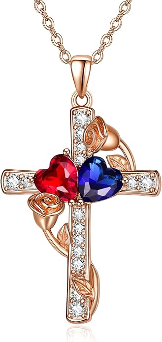 Rose Gold Dual Birthstones Cross Necklace for Women Rose Flower Jewelry Anniversary Christmas Mother's Valentine's Day Birthday Gift for Wife Girlfriend Mom - Bloomnest
