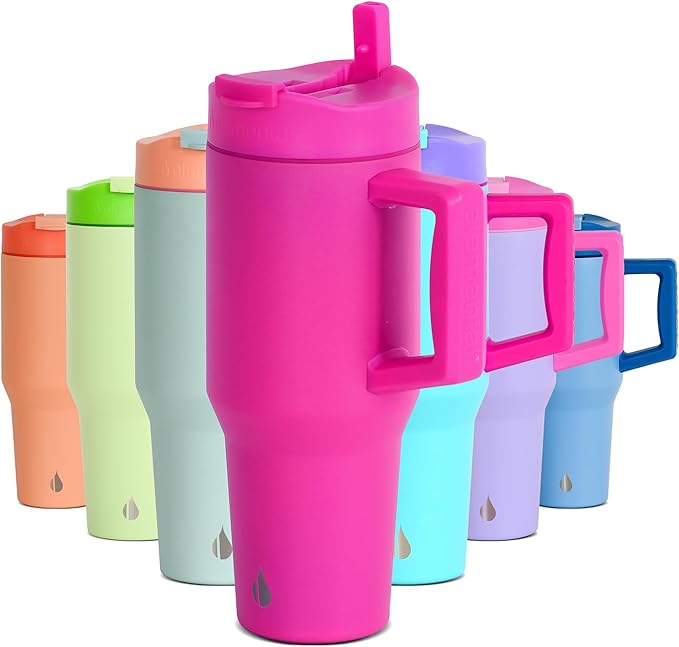 Elemental 32 oz 100% Leak Proof Tumbler with Handle & Straw - Stainless Steel Double Wall Insulated Tumbler for Hot and Cold Beverages - Travel Coffee Mug with Sip & Straw Lid - Hot Pink - Bloomnest