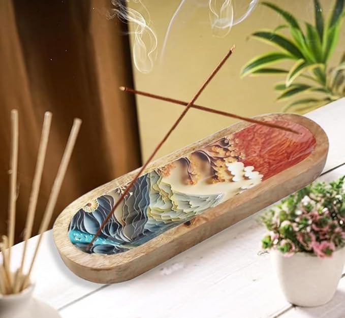 Bless-International Traditional-Handmade-Tray-Burner Wooden-Trat-Incense-Stick-Holder Ash-Catcher-Stand for-Aromatherapy-Meditation-Yoga (Beautiful Mountains, 11x4x1.22 Inches) - Bloomnest