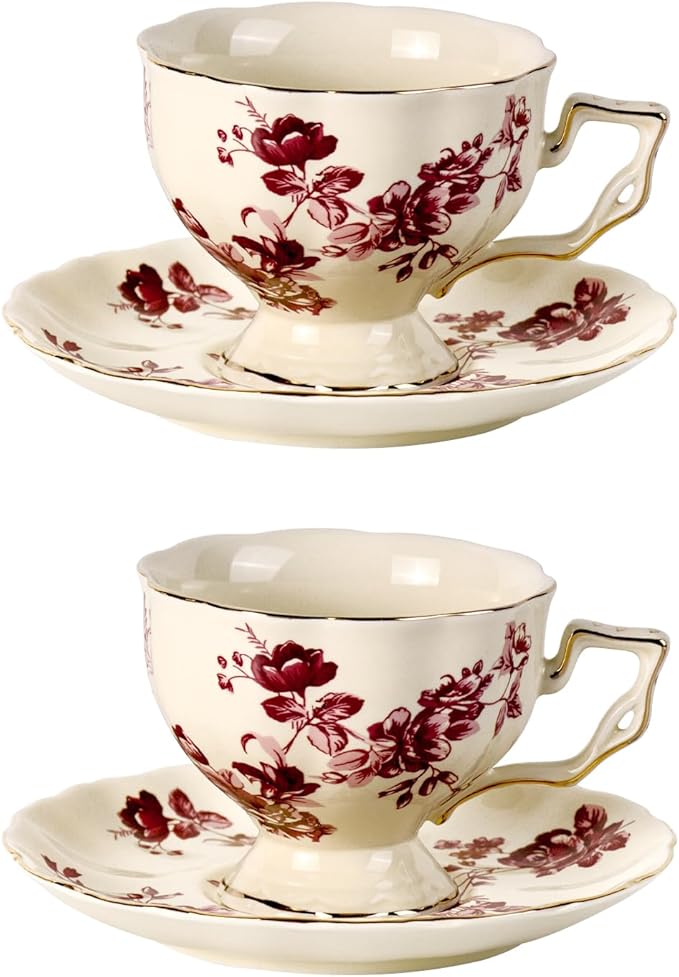 KAMMAK Tea Cups and Saucers Set of 2, Porcelain Coffee Cups, 7-Ounce Stackable Espresso Mugs, Ceramic Demitasse for Coffee, Latte, Americano, Tea, Red Orchid - Bloomnest