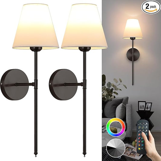 Battery Operated Wall Sconce Set of 2,15 Colors Wireless Wall Light With Dimmable Remote Control Last 18-50 Hours,Black Rechargeable Wall Lamp With White Fabric Shade For Living Room Bedroom Hallway - Bloomnest