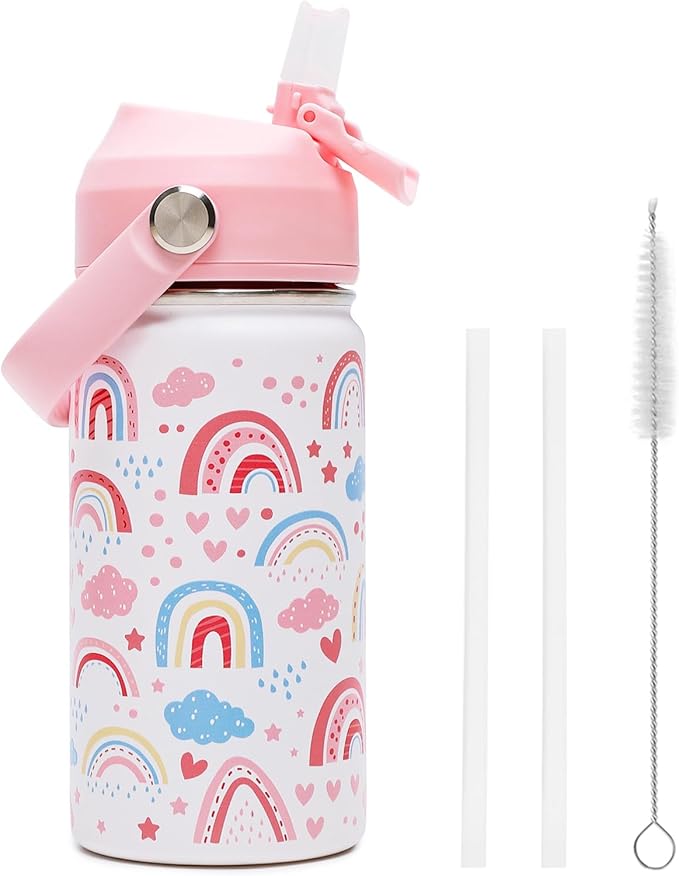 14oz Kids Insulated Water Bottle with Straw Lid - 18/8 Stainless Steel Kid Cup Travel Tumbler Double Wall Vacuum Leak Proof Portable Toddler Water Bottle (Rainbow) - Bloomnest