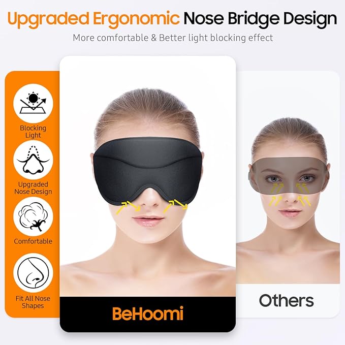 Sleep Mask, Premium Eye Mask for Sleeping, Total Blackout, Super Soft Comfort, Adjustable Fit, Upgraded 3D Ergonomic Designed Sleeping Mask for Home, Office, Travel, Meditation, Yoga, Black - Bloomnest