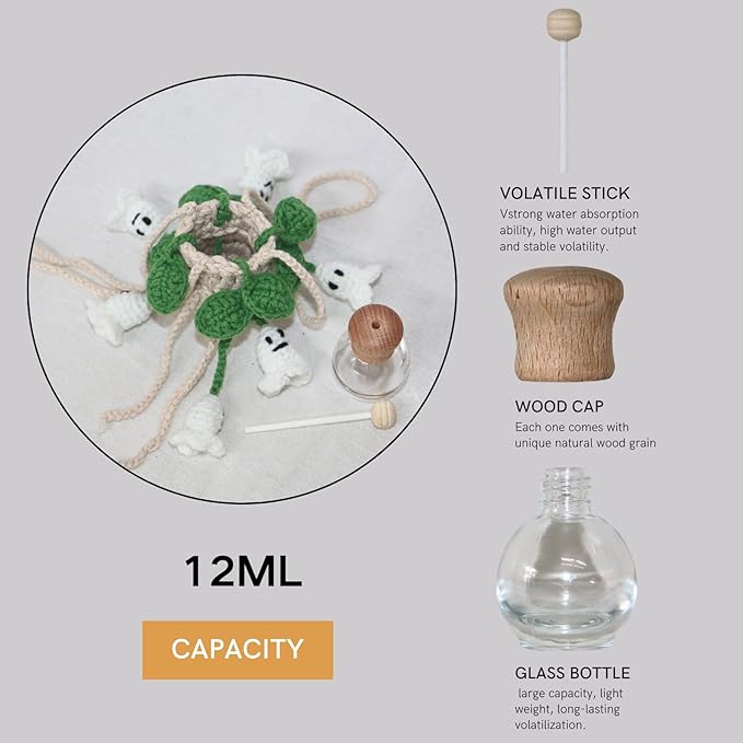 Handmade Crochet Hanging Car Air Freshener - Glow-in-the-Dark Lily of the Valley Plant with 12ml Refillable Essential Oil Diffuser Bottle, Halloween Car Accessories & Bedroom Nightlight Decor - Bloomnest