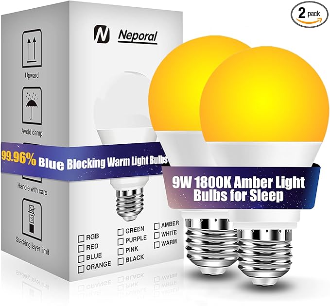Neporal 1800K Amber Sleep Light Bulbs 2PK, 99.96% Blue Blocking Soft Warm Light Bulbs,9W 60 Watt Equivalent, A19 Amber Night Light E26 for Bedroom and Baby Nursery Light - Bloomnest