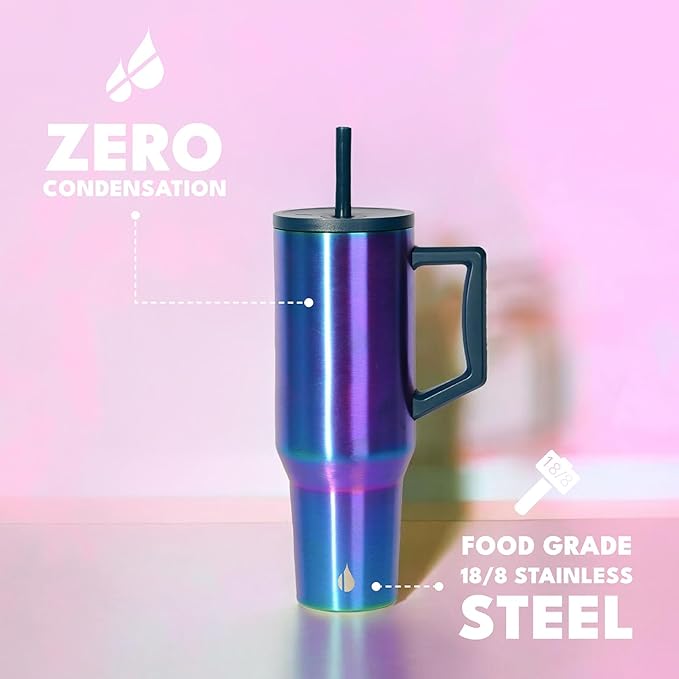 Elemental 40 oz Tumbler with Handle and Straw - Spill Proof Insulated Stainless Steel Commuter for Hot and Cold Beverages - Travel Coffee Mug with 2 Straws & Spill Proof Lid - 40oz - Iridescent - Bloomnest