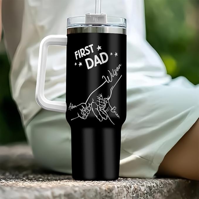 First Dad Now Granddad 40oz Tumbler with Handle and Straw, Personalized Mug with Hand Holding Design and Custom Names, Gift for Grandpa from Kids and Grandkids for Father’s Day or Birthday - Bloomnest