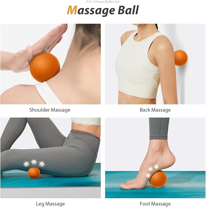 5 in 1 Foam Roller Set for Deep Tissue Muscle Massage, Trigger Point Fitness Exercise Foam Roller, Massage Roller, Massage Ball, Stretching Strap, for Whole Body(Orange-Black) - Bloomnest
