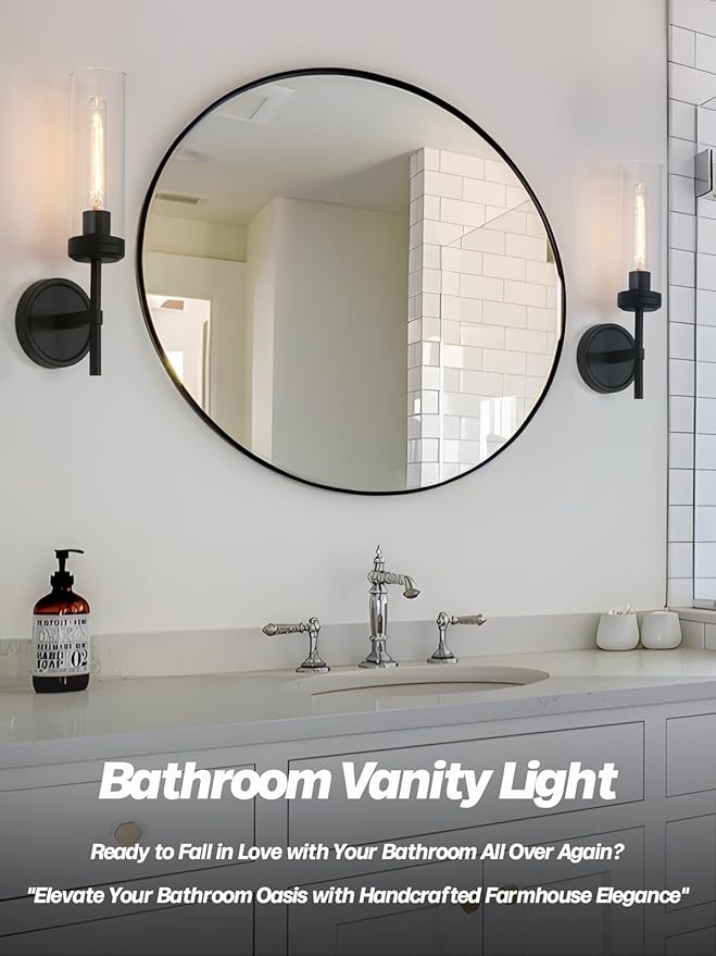 Modern Wall Sconces Set of Two, Black Bathroom Vanity Light with Handblown Clear Glass Hardwired Wall Sconce Light for Bathroom Mirror Bedroom Livingroom Hallway Indoor - Bloomnest