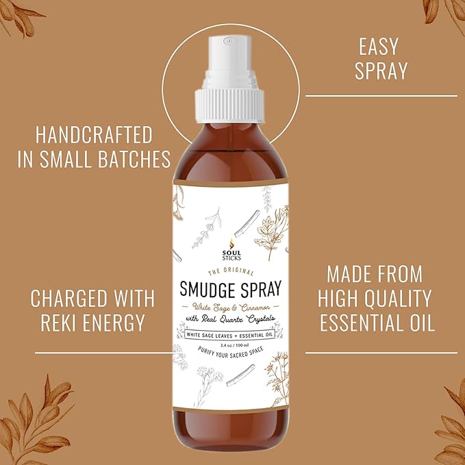 SOUL STICKS White Sage & Cinnamon Smudge Spray – 3.5oz Smokeless Energy Mist with Quartz Crystals – Non-Toxic Cleansing Spray for Aura, Home, Car, Meditation, Yoga, Stress Relief & Protection SoulSticks