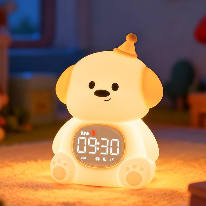 Dog Alarm Clock with Night Light for Kids with Sleep Training and Sound Machine, Rechargeable Silicone Lamp OK to Wake Clock，Cute Animal Tabletop Lamp, Perfect Sleep Companion for Boys Girls - Bloomnest