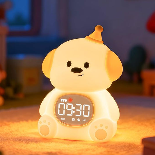Dog Alarm Clock with Night Light for Kids with Sleep Training and Sound Machine, Rechargeable Silicone Lamp OK to Wake Clock，Cute Animal Tabletop Lamp, Perfect Sleep Companion for Boys Girls - Bloomnest