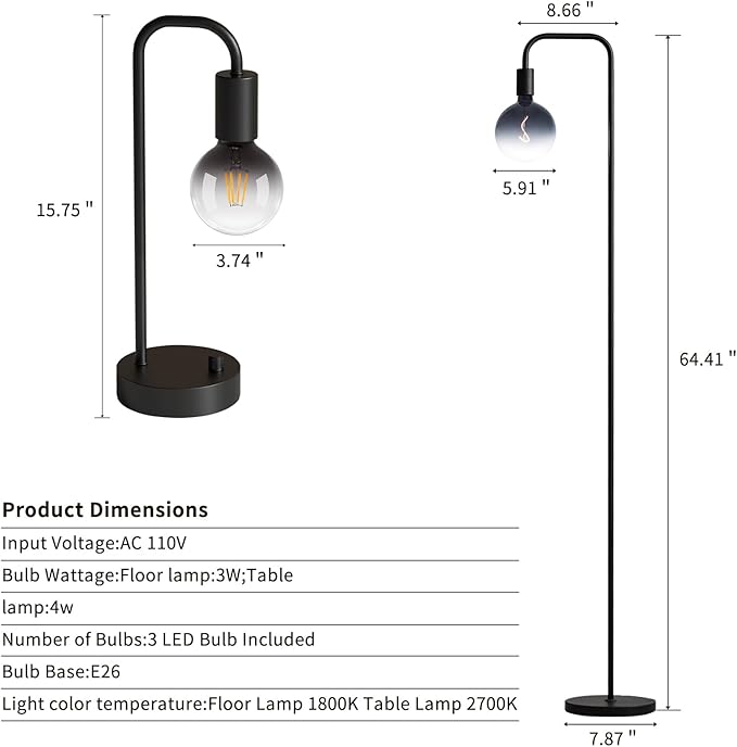 ONEWISH Industrial Lamp Set 3 Piece-1 Floor Lamp and 2 Dimmable Table Lamp- 3 Pack Modern Matching Floor and Table Lamp with Gradient Black Globe Bulb for Living Room,Bedroom(Bulb Included) - Bloomnest