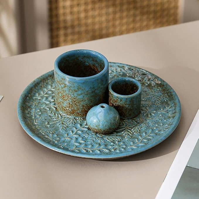 5 in 1 Incense Holder Burner, 5.9" Ceramic Holder for Burning Palo Santo Sage Candle and Incense Sticks Cones, Ash Catcher Tray for Meditation Room Home Décor(Blue) - Bloomnest