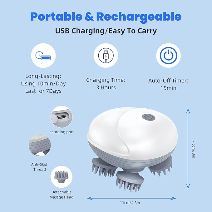 Upgraded Electric Scalp Massager for Men Women, Handheld Cat Dog Pet Head Massager with 4 Massage Heads, 3 Speeds, Waterproof Massager for Soothing Muscles Joints, Hair Growth, Stress Relax Bloomnest