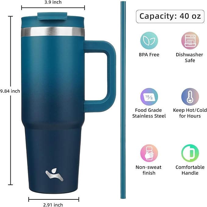 40 oz Tumbler with Handle and 2 Straws,2 in 1 Lid Insulated Water Bottle Stainless Steel Travel Coffee Mug,Indigo Black - Bloomnest