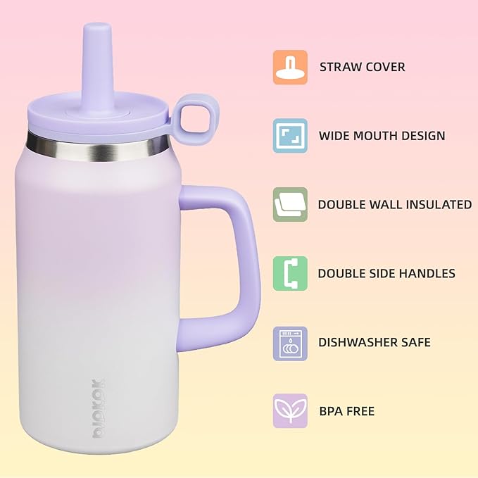 BJPKPK 50oz Insulated Tumbler with Handle Stainless Steel Travel Coffee Mug With Lid Reusable Large Water Bottle with Straw,Purple Pearl - Bloomnest