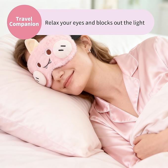 Cute Sleep Eye Masks for Kids, Kawaii Cartoon Kids Sleeping Mask for Women Boys Girls Teens, Soft Plush Adjustable Eyeshade Travel Nap Eye Cover (Blue+Pink Monster) - Bloomnest